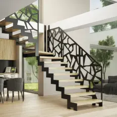 Nowoczesne schody z ażurową, geometryczną balustradą i drewnianymi stopniami, idealnie wpisujące się w minimalistyczne aranżacje wnętrz.