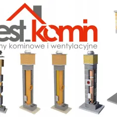 Różne warianty kominów systemowych z wentylacją, pokazujące ich budowę i elementy.