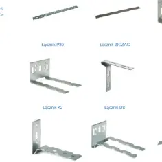Różnorodne łączniki do ścian działowych, w tym modele P30, ZIGZAG, K1, K2, DS i DS2, wykonane z metalu.