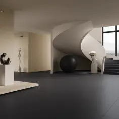 Nowoczesna klatka schodowa w domu piętrowym z rzeźbami i dużym oknem.