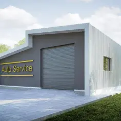 Nowoczesny warsztat samochodowy "Auto Service" z podjazdem i zielenią. Zastanawiasz się, ile kosztuje budowa warsztatu samochodowego?