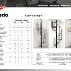 Schody kręcone Venezia. Tabela techniczna zawiera wymiary, takie jak promień zewnętrzny, minimalna wielkość otworu, wysokość kondygnacji, głębokość stopnia i światło przejścia.