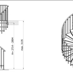 Dwa rysunki techniczne schodów kręconych metalowych. Po lewej schody z wymiarami H=2714-2894 i max. 3135. Po prawej schody z wymiarem hst=226-241.