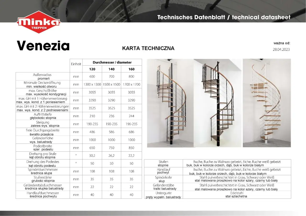 Karta techniczna schodów kręconych Venezia. Wymiary i materiały.