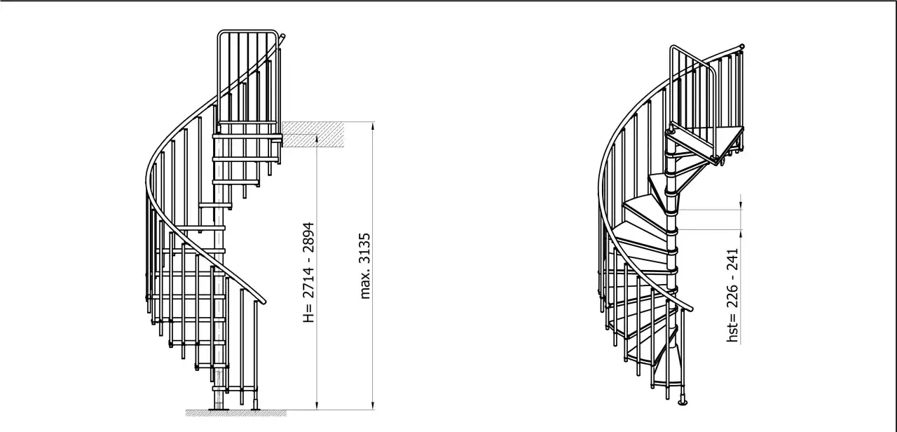 Dwa rysunki techniczne schodów kręconych metalowych. Jeden z wymiarami H=2714-2894, max. 3135. Drugi z hst=226-241.