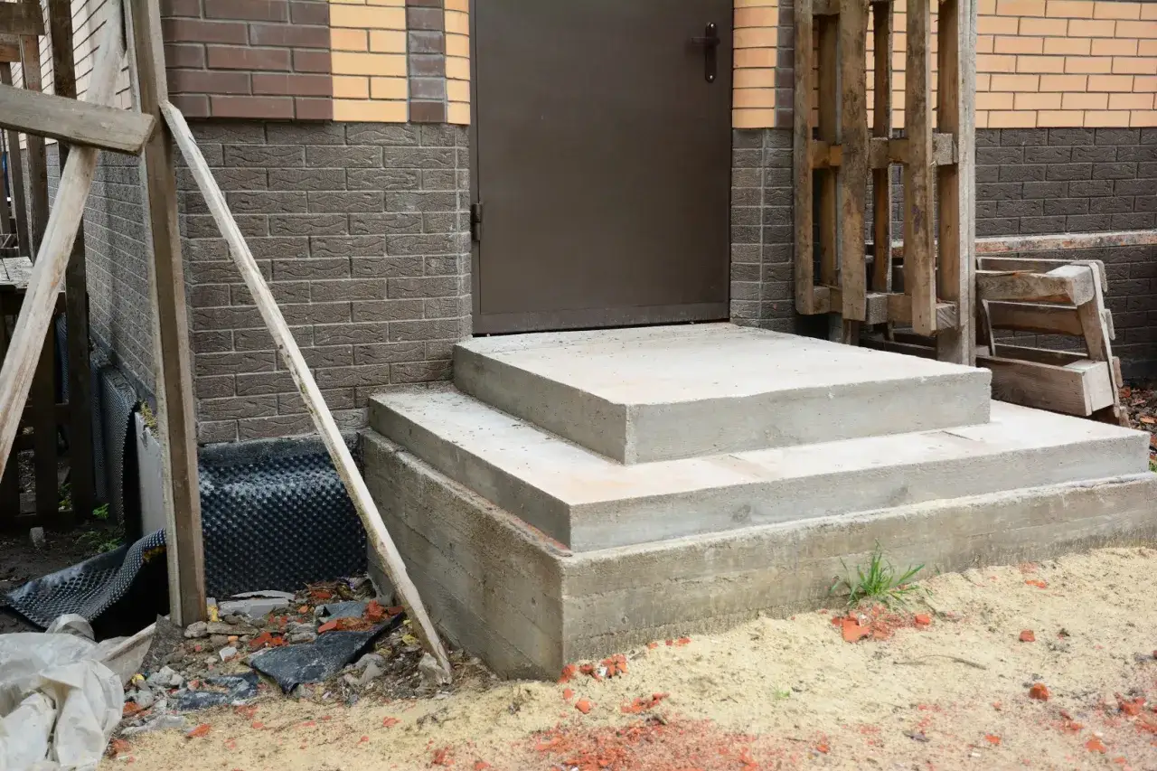 Solidne schody zewnętrzne betonowe prowadzą do drzwi. Wokół plac budowy, materiały budowlane i drewniane elementy.