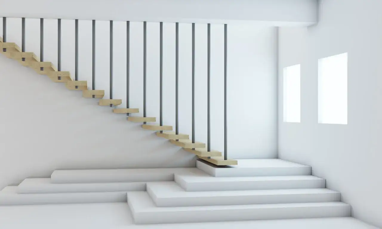 Nowoczesne, drewniane schody do biura z metalową balustradą, otoczone minimalistyczną bielą i dwoma prostokątnymi oknami.