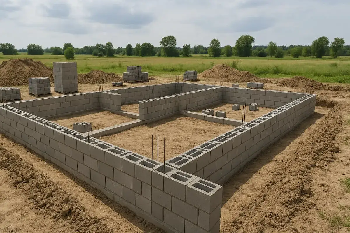 Fundament budowy z pustaków szalunkowych, gotowy do zalania betonem. Widać zbrojenie i przygotowany teren.