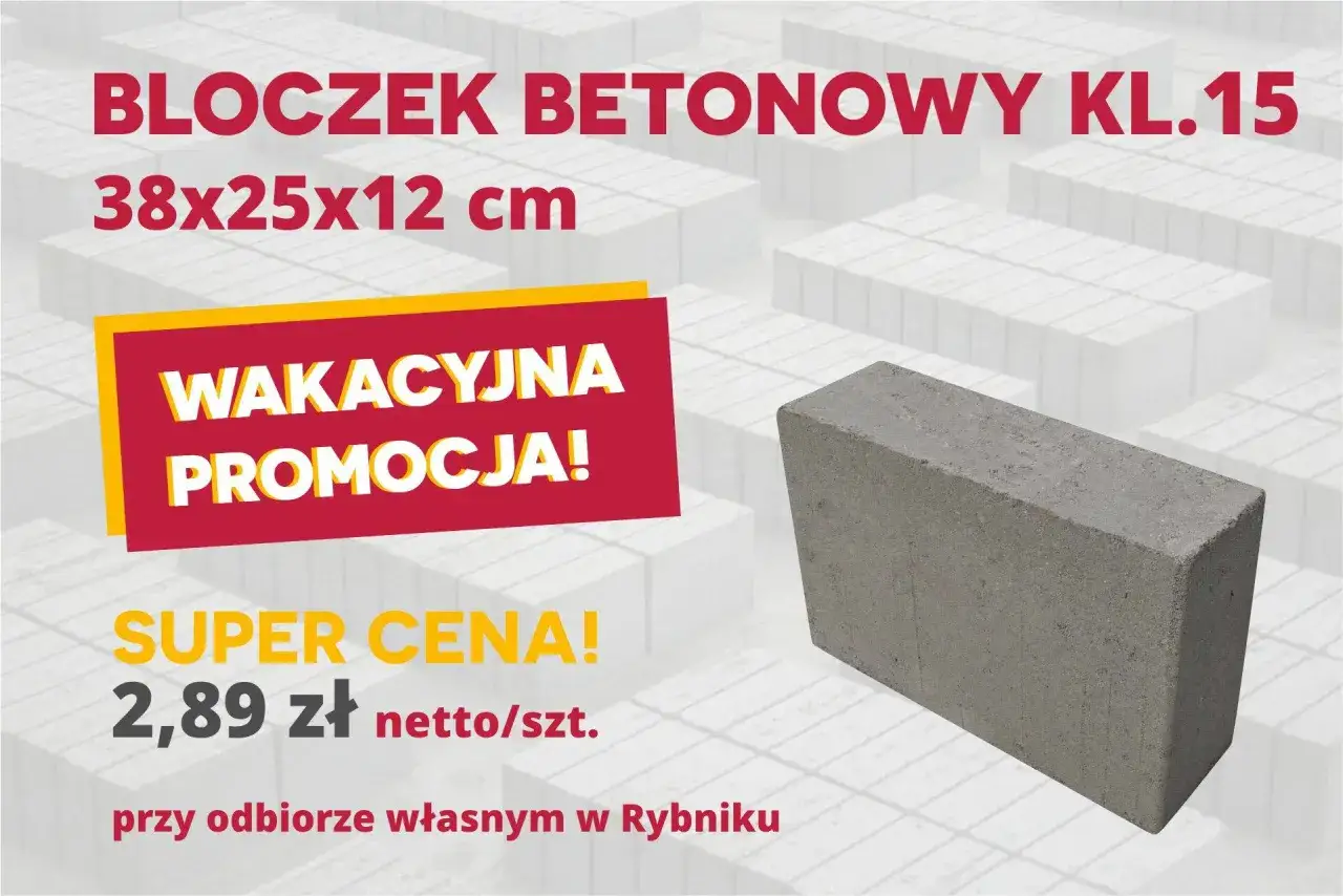 Bloczek betonowy 38x25x12 cm w wakacyjnej promocji! Sprawdź, ile kosztuje bloczek betonowy: tylko 2,89 zł netto/szt. przy odbiorze własnym.