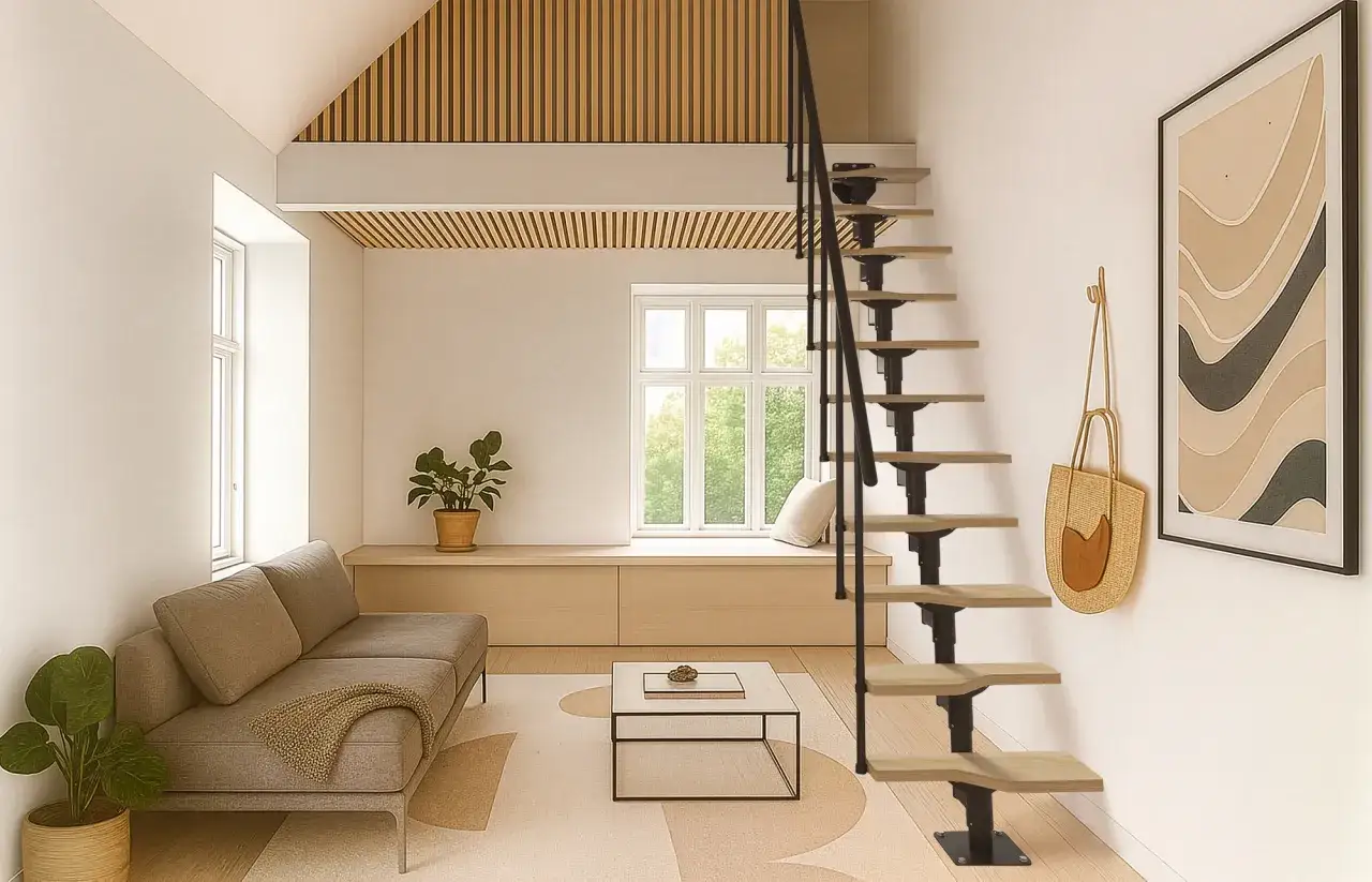 Nowoczesne schody bez balustrady prowadzą na antresolę. W salonie sofa, stolik i obraz.