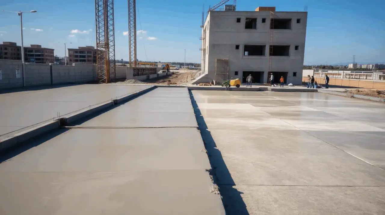 Plac budowy z wylana betonowa płyta. W tle budynek w stanie surowym i dźwigi. Jaki beton na wieniec?
