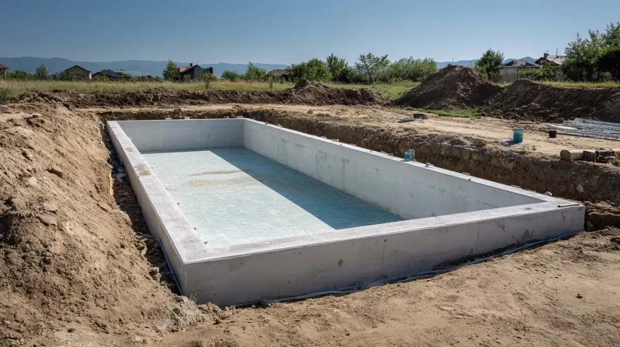 Betonowa niecka basenu wkopana w ziemię, gotowa do dalszych prac. Zastanawiasz się, ile kosztuje budowa basenu w ziemi?