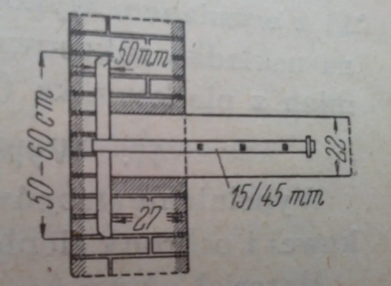 Schemat montażu stropu drewnianego: belka oparta na murze, z wymiarami 50-60 cm, 50 mm, 27 mm, 15/45 mm i 22 mm.
