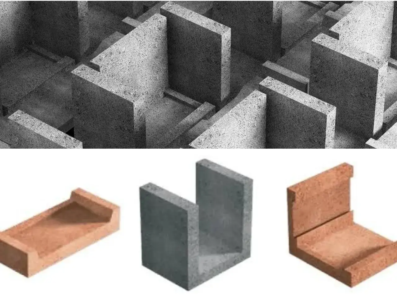Kształtki U na wieniec, betonowe i ceramiczne, gotowe do budowy.