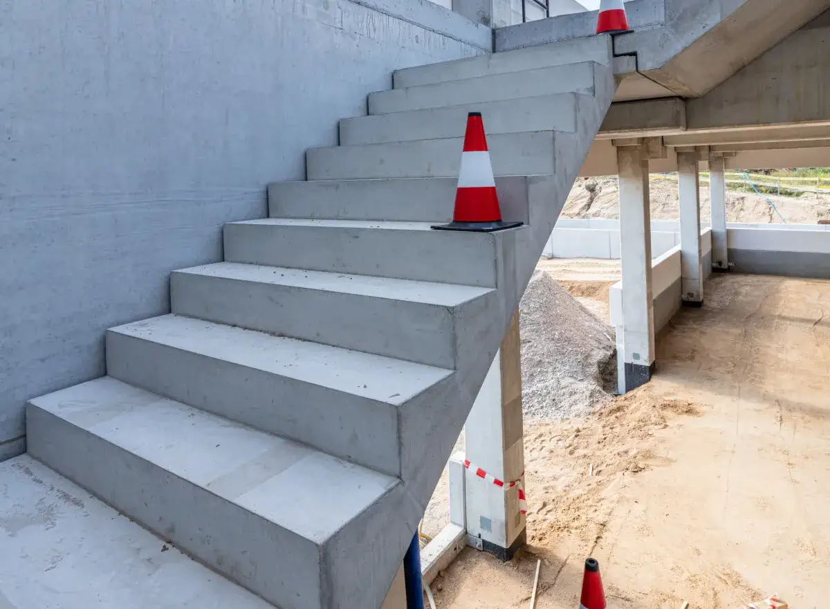 Schody betonowe prefabrykowane na budowie, z pachołkami ostrzegawczymi.