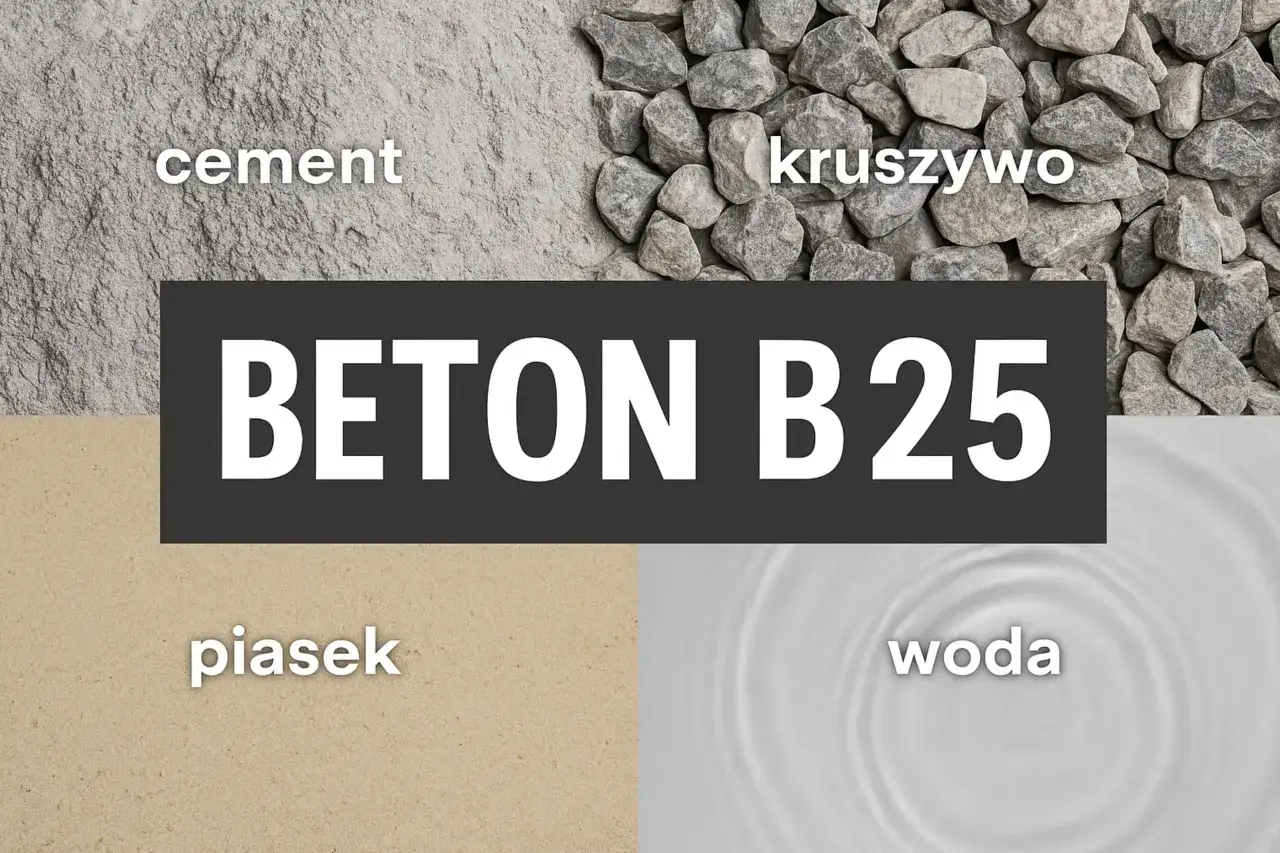 Składniki betonu B25: cement, kruszywo, piasek, woda. Idealny do wykonania wieńca.