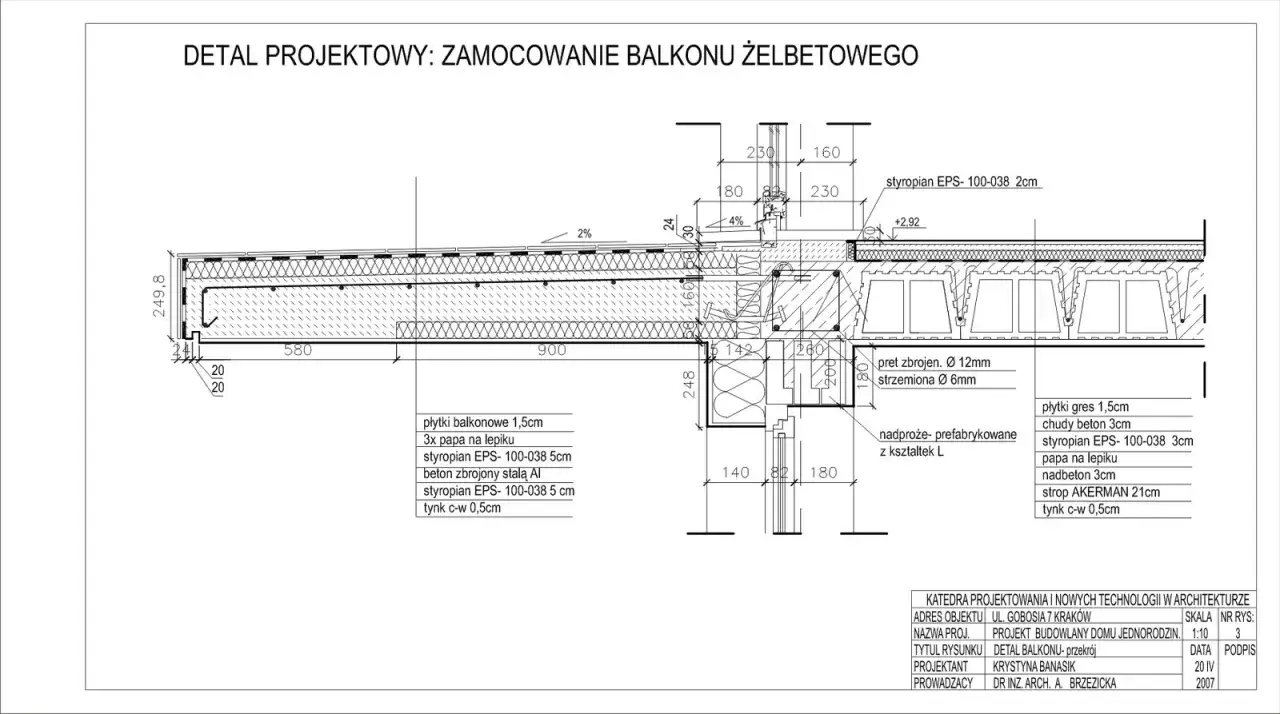 Zdjęcie Zbrojenie balkonu: Kompletny rysunek techniczny z opisem